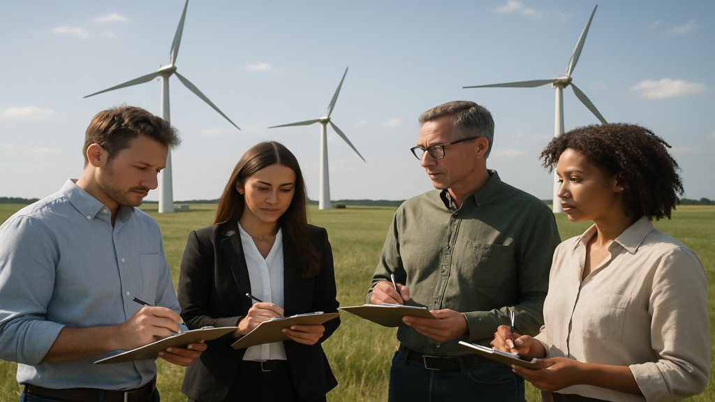 Menschen bewerten einen Windpark als nachhaltiges Projekt im Kontext der ESG-Kriterien.