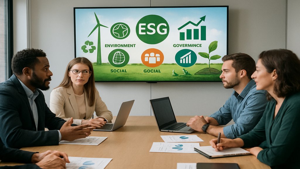 Menschen diskutieren in einem Konferenzraum über ESG-Kriterien mit sichtbaren Diagrammen und Grafiken.