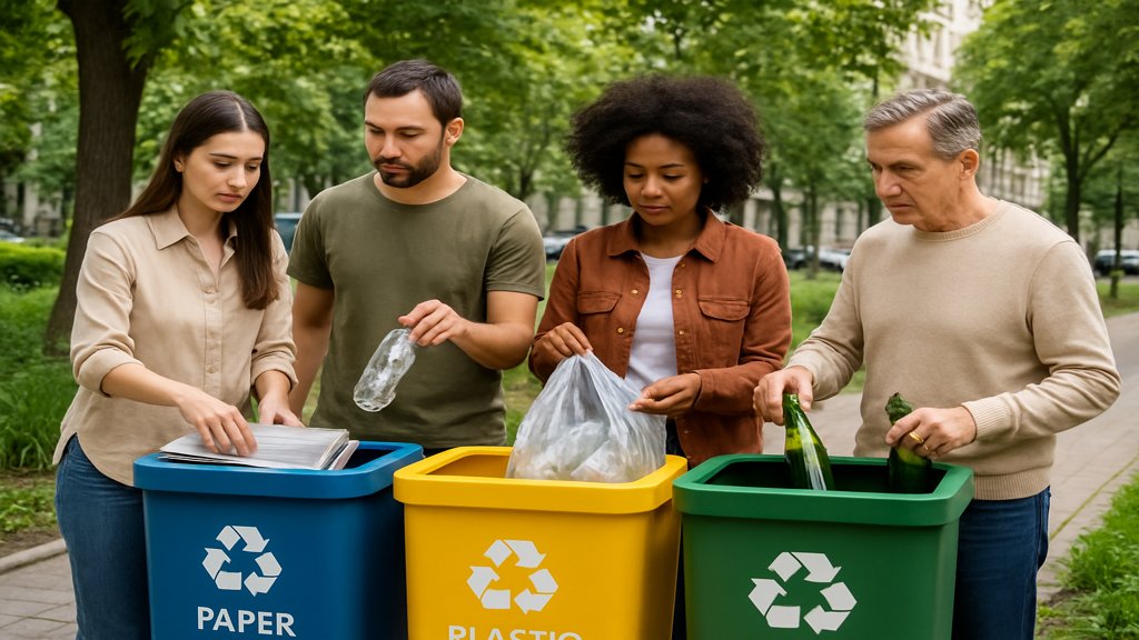 Menschen trennen recycelbare Materialien in einer modernen Recyclinganlage.