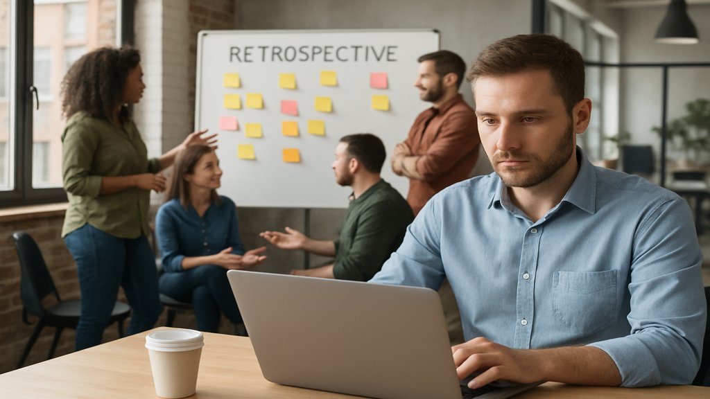 Mitarbeiter bei der Arbeit, während im Hintergrund ein Team eine Retrospektive durchführt.