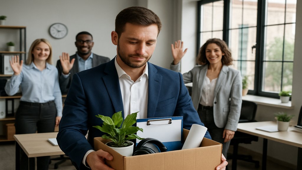 Mitarbeiter, der seinen Arbeitsplatz räumt, während Kollegen sich verabschieden.