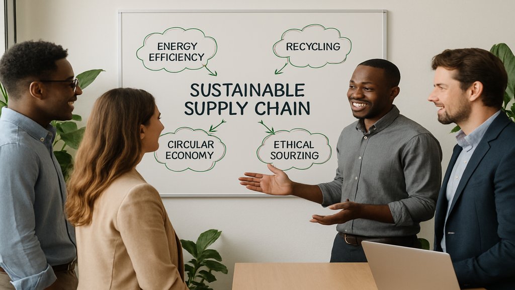 Mitarbeiter diskutieren nachhaltige Lieferkettenstrategien an einem Whiteboard.