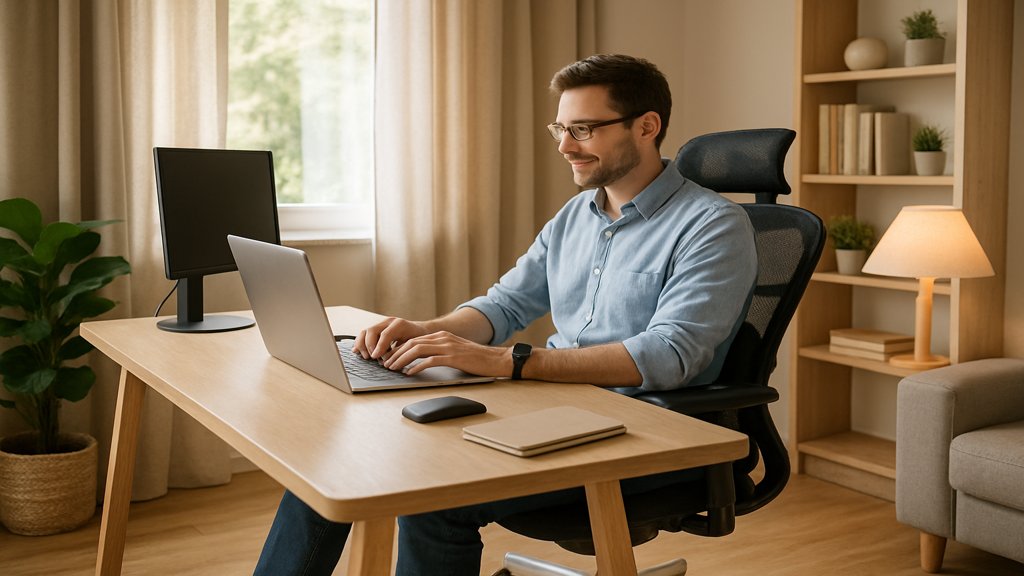 Mitarbeiter im Homeoffice mit ergonomischer Einrichtung und entspannter Atmosphäre.