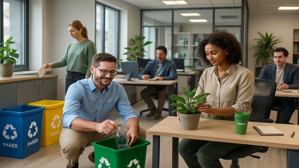 Mitarbeiter in einem Büro, die Nachhaltigkeit durch Recycling und Pflanzen fördern.