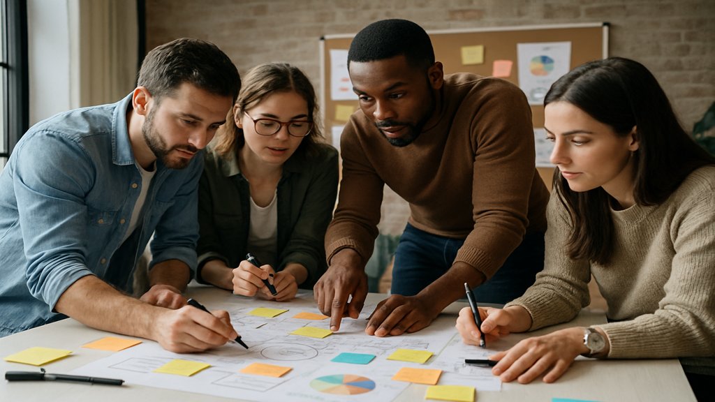 Mitarbeiter in einem Workshop, die gemeinsam an einer Aufgabe arbeiten.