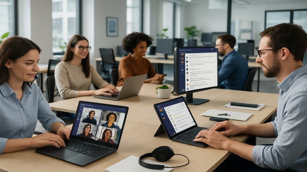 Mitarbeiter nutzen Microsoft Teams und Slack gleichzeitig in einem Büro.
