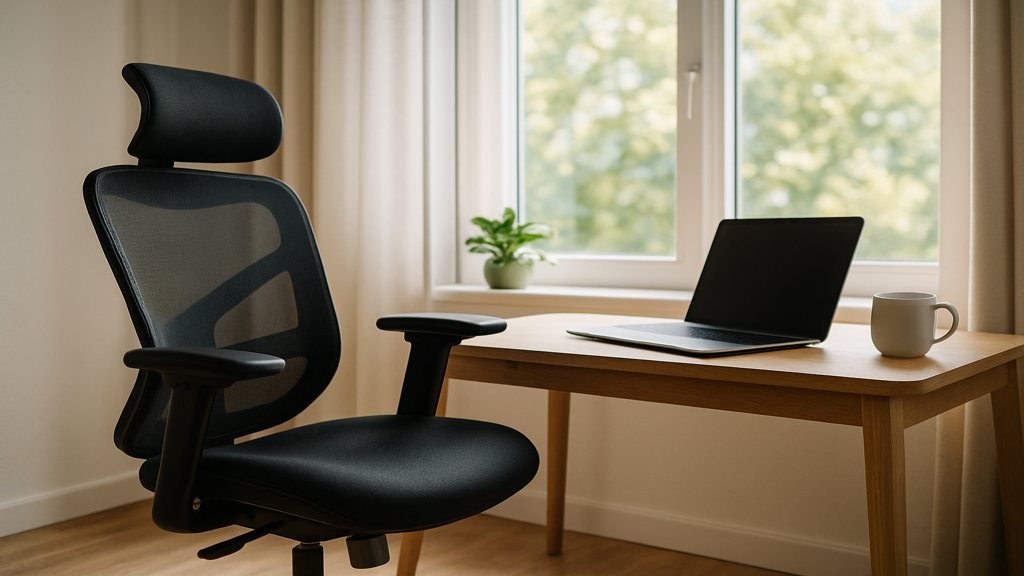 Moderne Homeoffice-Einrichtung mit Laptop und ergonomischem Stuhl.