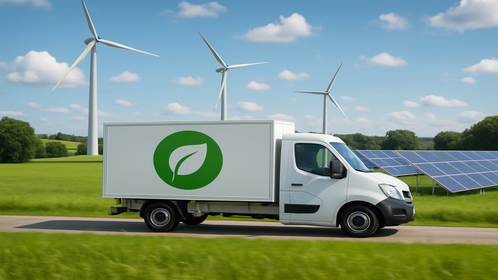 Nachhaltiges Transportfahrzeug in einer grünen Landschaft mit Windrädern.