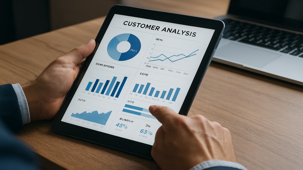 Person analysiert Kundendaten auf einem Tablet mit Diagrammen und Statistiken.