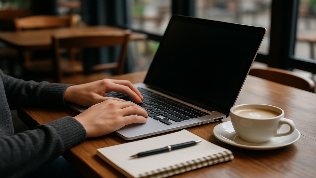 Person arbeitet an einem Laptop in einem Café mit Notizbuch und Kaffee.