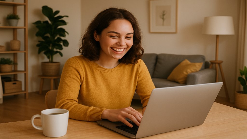 Person arbeitet von zu Hause aus mit Laptop und Kaffee.