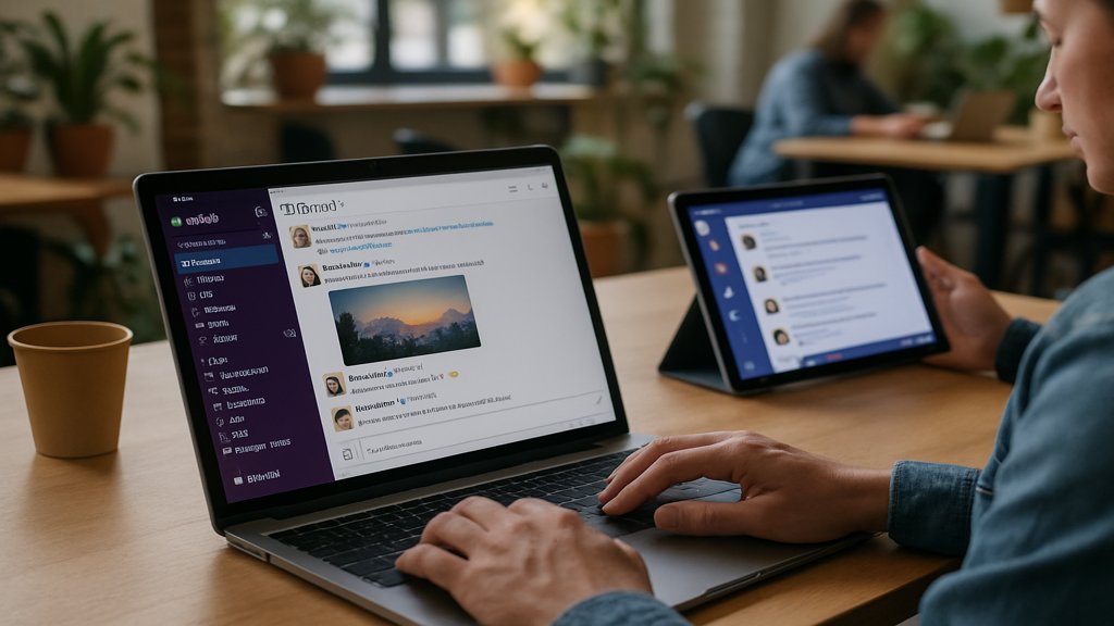 Person nutzt Slack auf einem Laptop, andere Person Microsoft Teams auf einem Tablet.