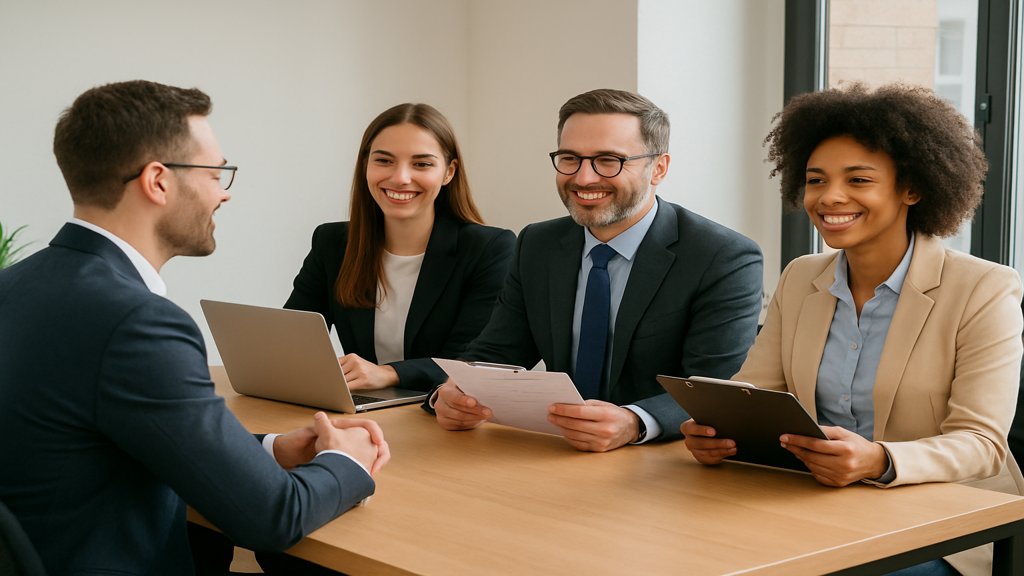 Recruiting-Team bei einem Bewerbungsgespräch in einer positiven Atmosphäre.