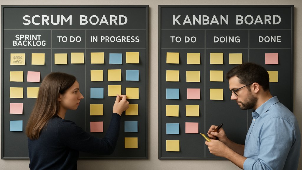Scrum-Board und Kanban-Board nebeneinander im Vergleich.