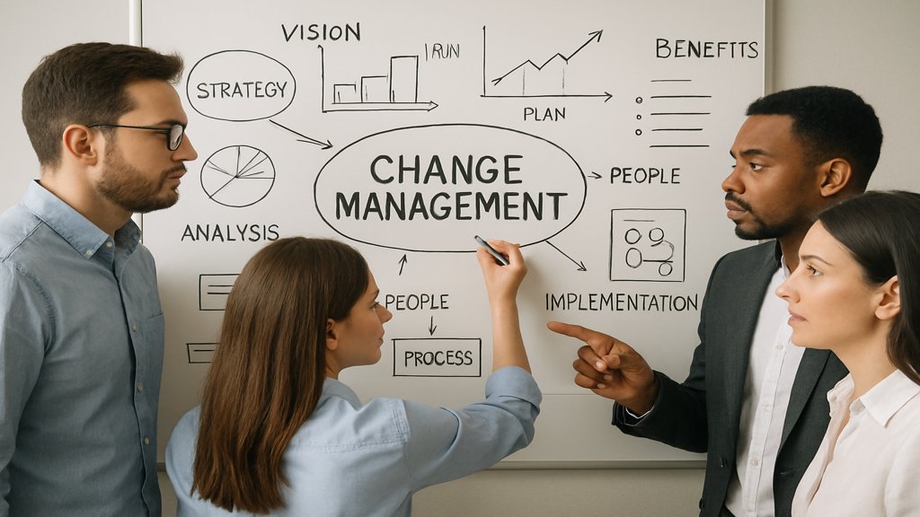 Team arbeitet am Whiteboard an Strategien für Change Management.