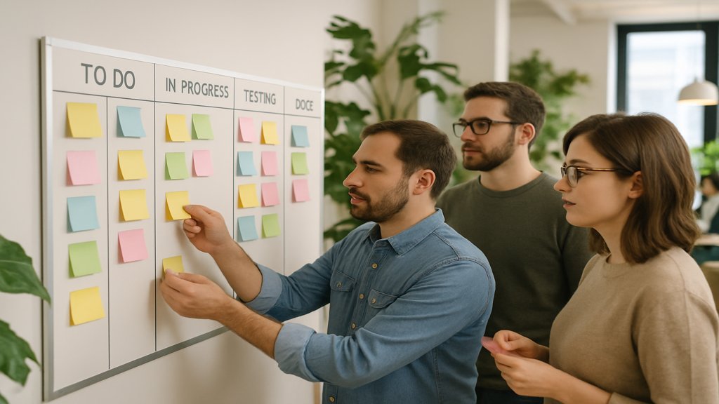 Team arbeitet an einem Kanban-Board in entspannter Umgebung.