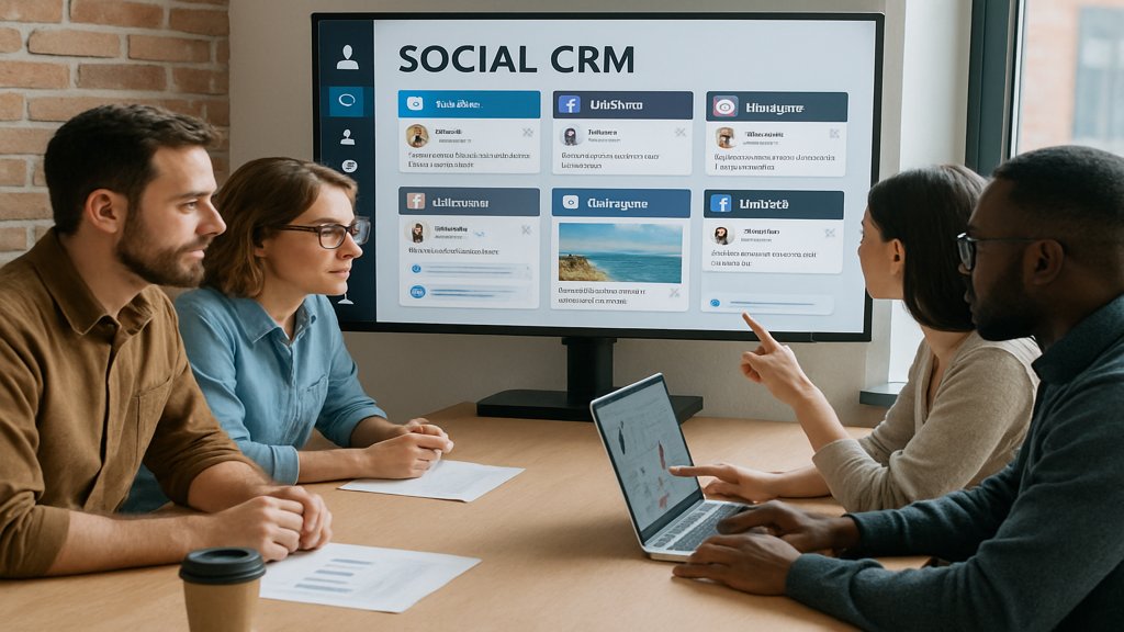 Team arbeitet an einem Social-CRM-Tool mit Social-Media-Kanälen auf einem Bildschirm.
