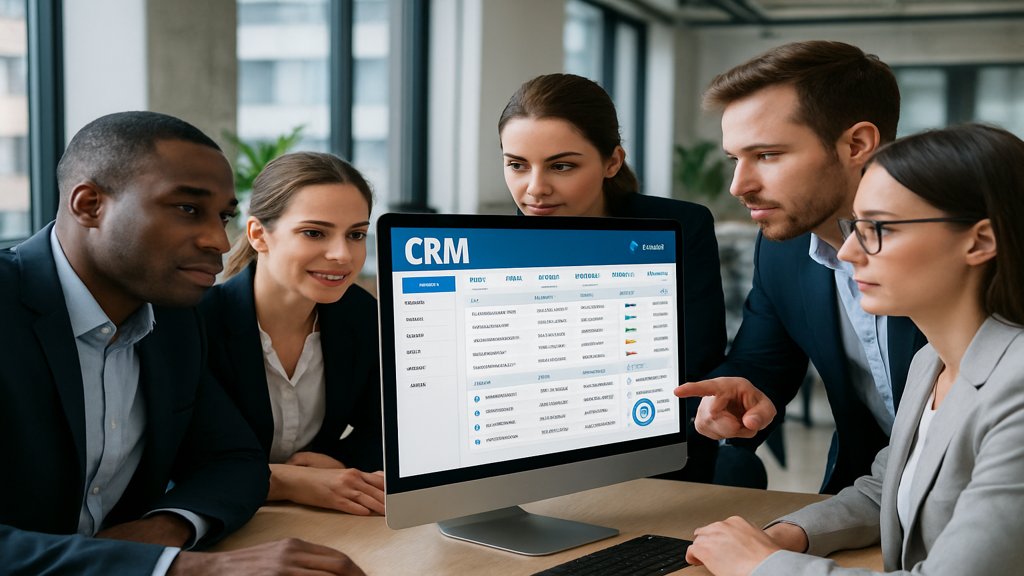 Team arbeitet gemeinsam an einem CRM-System.