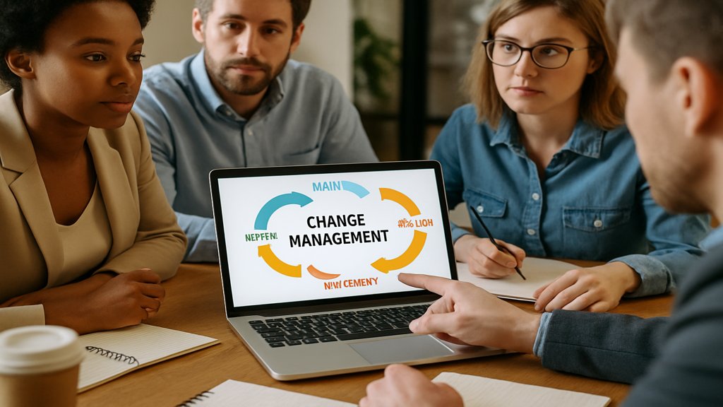 Team diskutiert den Change Management Prozess anhand eines Diagramms.
