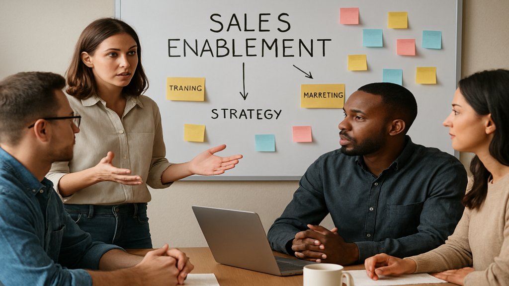 Team diskutiert Sales Enablement-Strategien in einem Meeting.