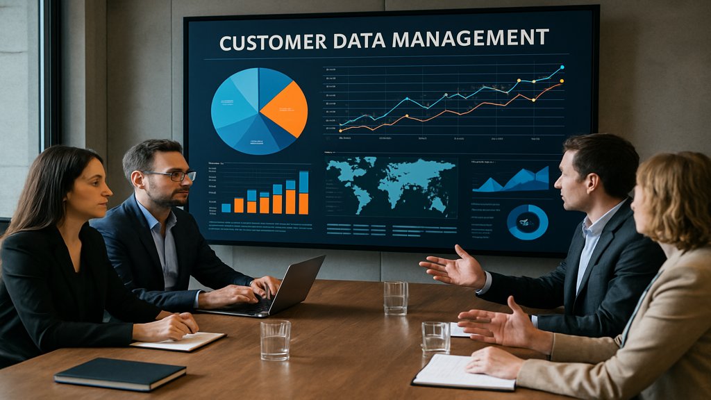 Team diskutiert Strategien für Kundendatenmanagement in einem Meetingraum.