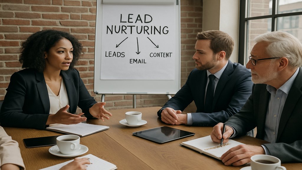 Team diskutiert Strategien für Lead Nurturing im B2B bei einem Meeting.