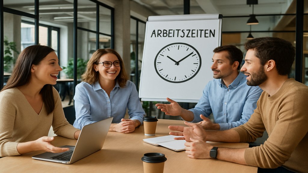 Team diskutiert über flexible Arbeitszeiten in einem modernen Büro.