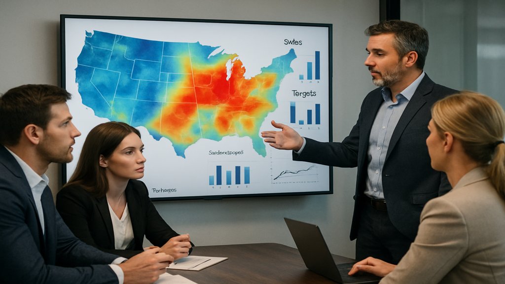 Team diskutiert Vertriebsdaten anhand einer Heatmap mit Verkaufsgebieten.