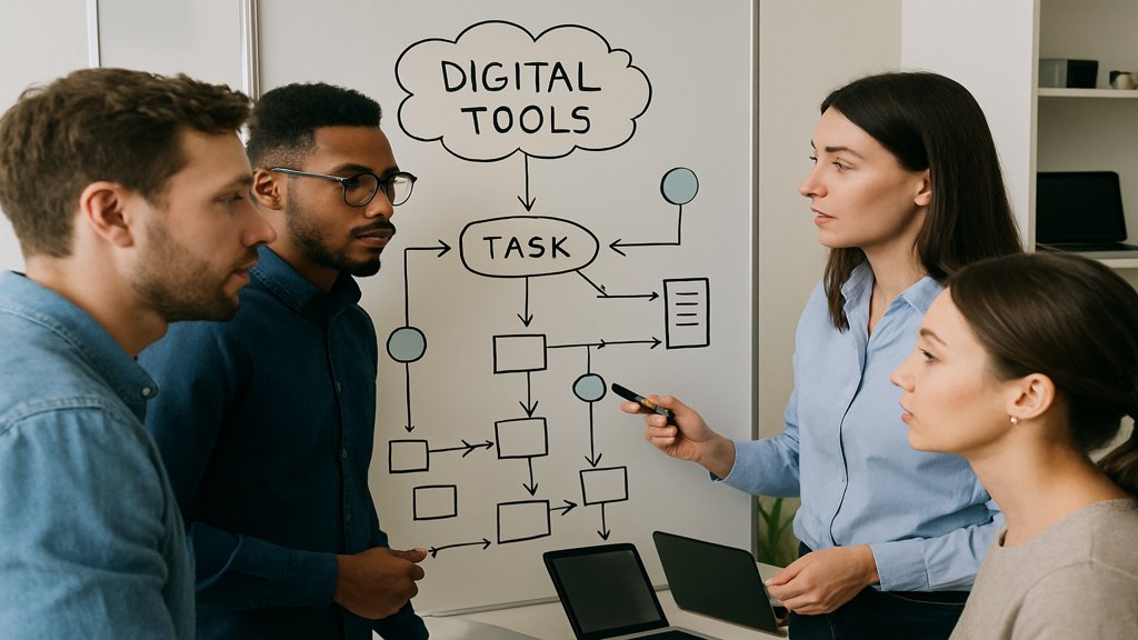 Team plant Prozessautomatisierung mit digitalen Tools an einem Whiteboard.