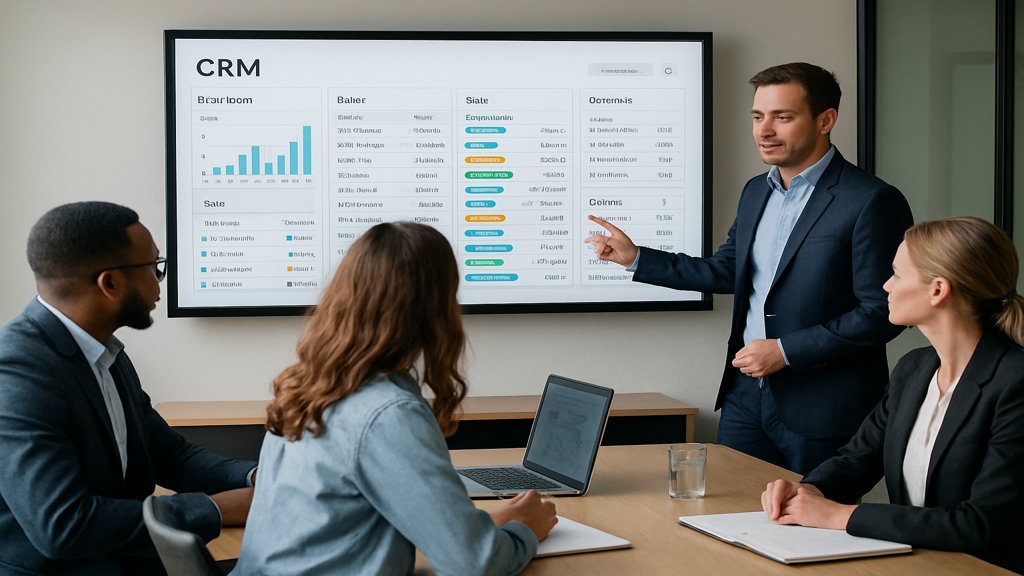 Team präsentiert CRM-System auf großem Bildschirm.