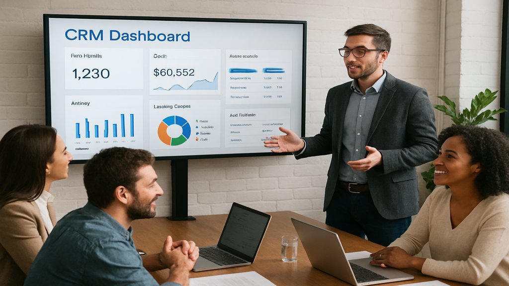 Teammeeting mit einem CRM-Dashboard auf einem Bildschirm.