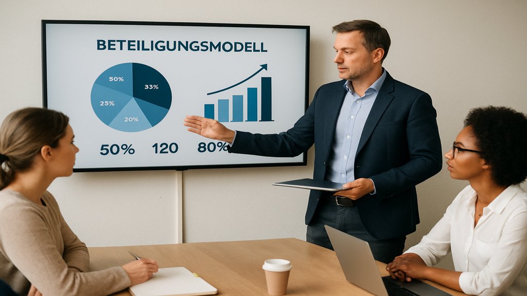 Teammeeting mit Präsentation über Mitarbeiterbeteiligungsmodelle.