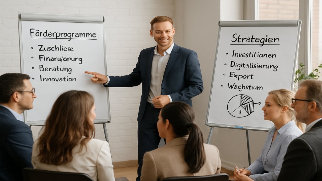 Unternehmer bei einem Workshop über Förderprogramme.