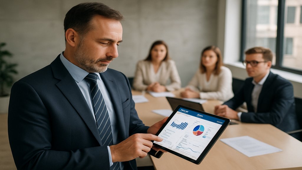 Vertriebsleiter prüft ein CRM-Dashboard auf einem Tablet während einer Team-Besprechung.