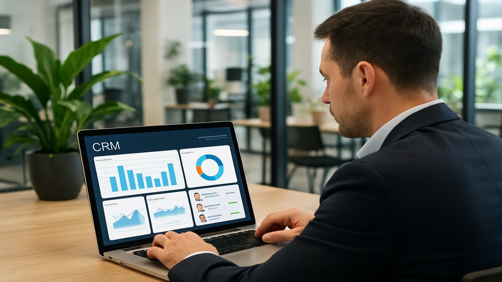 Vertriebsmitarbeiter nutzt ein CRM-System am Laptop in einem modernen Büro.