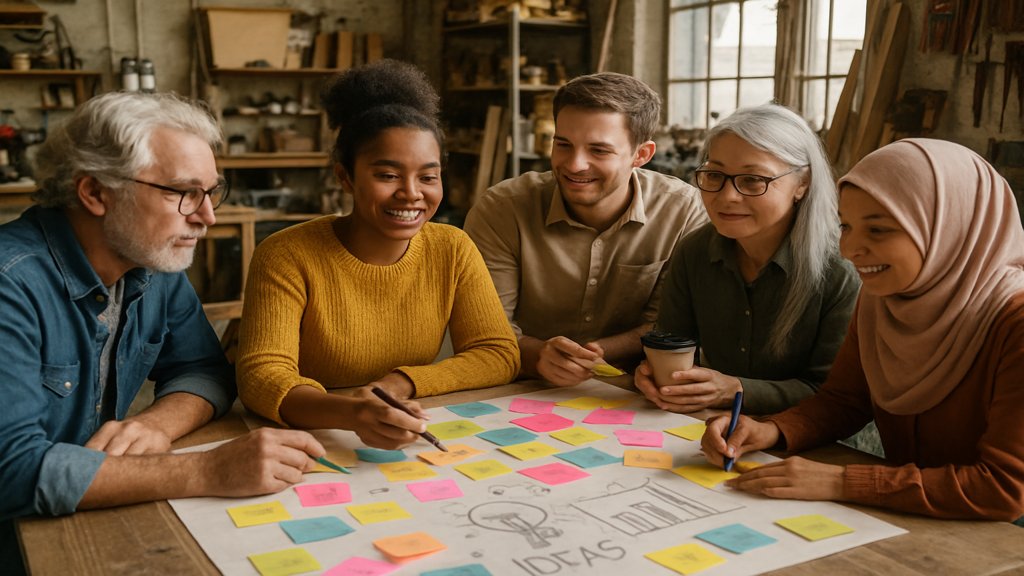 Workshop mit Menschen unterschiedlicher Herkunft und Generationen, die Ideen teilen.