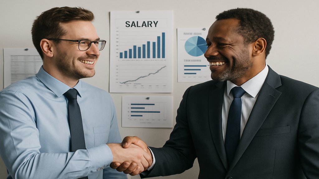 Zwei Kollegen einigen sich auf faire Gehaltsstrukturen.
