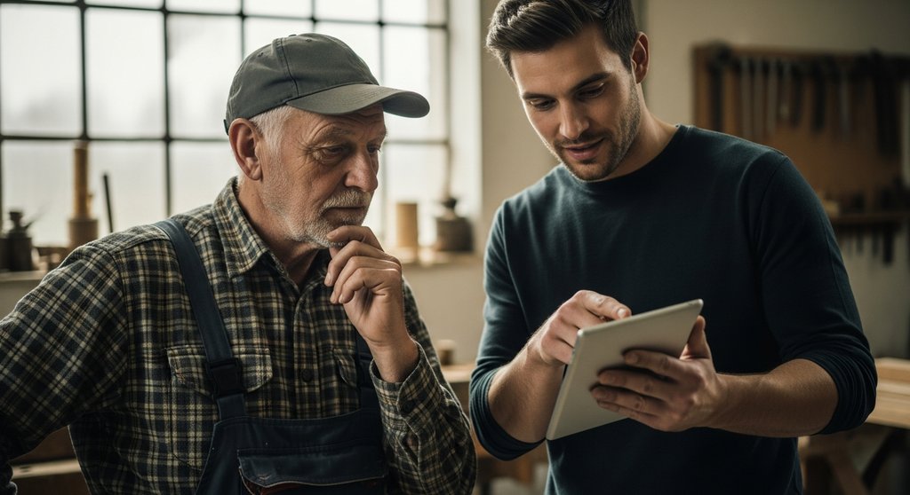 Ein erfahrener Handwerksmeister und ein junger Mitarbeiter besprechen die Digitalisierung im Mittelstand an einem Tablet.