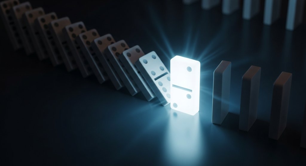 Ein leuchtender Dominostein stoppt eine Kettenreaktion als Metapher für die Vermeidung von Fehlern im Risikomanagement.
