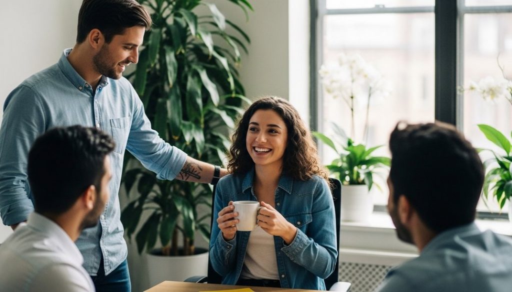 Ein neuer Mitarbeiter wird im Rahmen eines gelungenen Onboarding Prozesses herzlich im Team begrüßt.