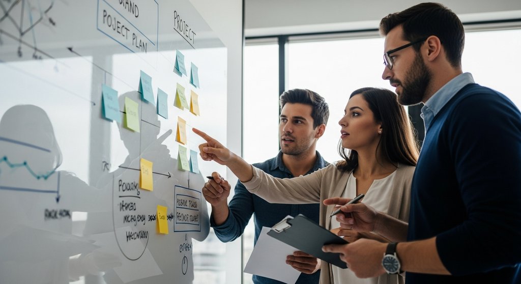 Ein professionelles Team arbeitet an einem Whiteboard an der strategischen Projektplanung.