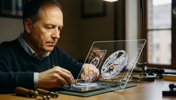 Ein Uhrmacher symbolisiert die Digitale Transformation durch die Verbindung von Handwerk und moderner Technologie.