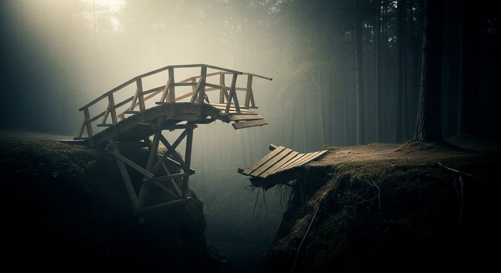 Eine aufwendig gebaute Holzbrücke, die kurz vor dem Ziel abrupt endet, als Symbol für ein gescheitertes Digitalisierungsprojekt.