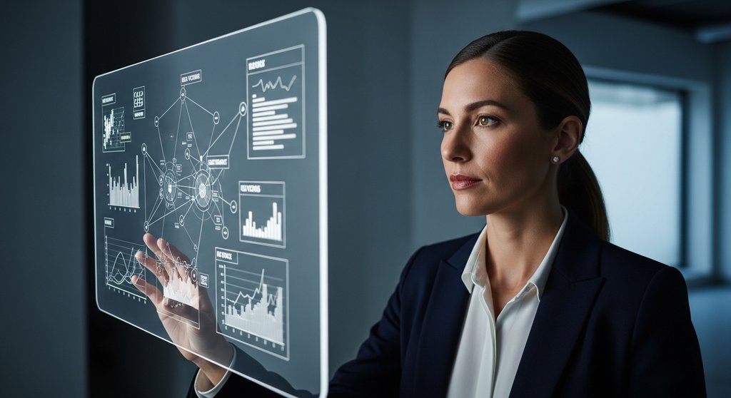 Eine Managerin analysiert Risikodaten als Symbol für strategisches Risikomanagement im Unternehmen.