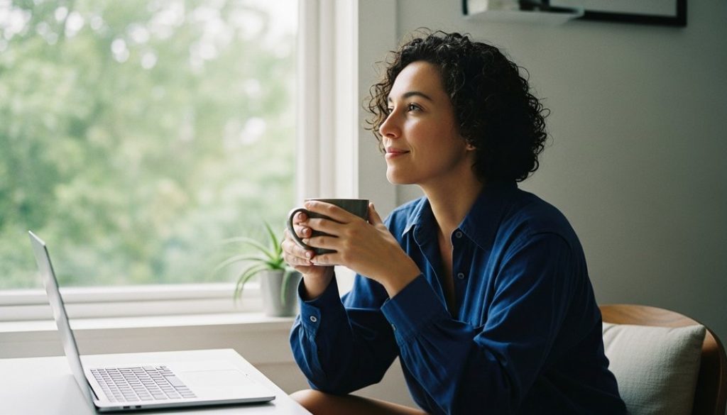 Eine Person genießt einen ruhigen Moment im Home-Office und hat ihre Work-Life-Balance gefunden.