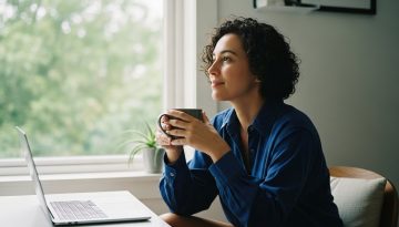 Eine Person genießt einen ruhigen Moment im Home-Office und hat ihre Work-Life-Balance gefunden.