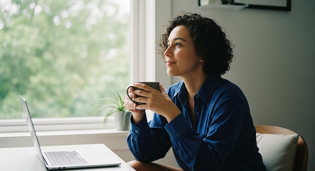 Eine Person genießt einen ruhigen Moment im Home-Office und hat ihre Work-Life-Balance gefunden.