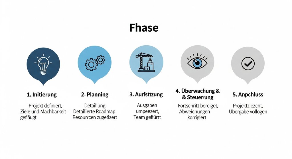 Infografik, die die 5 Phasen des Projektmanagement-Lebenszyklus zeigt.