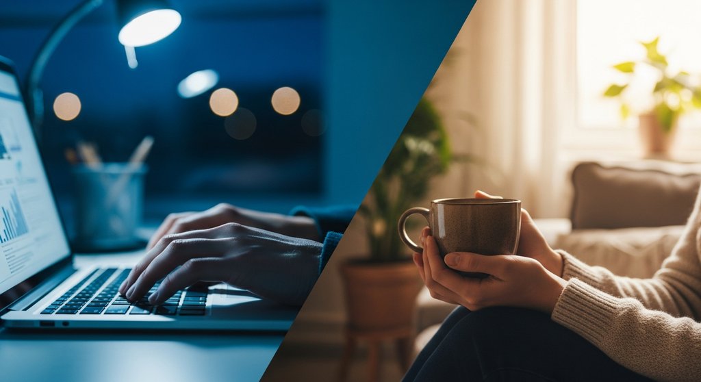 Symbolbild für Work-Life-Balance, das Arbeit am Abend und entspannte Freizeit gegenüberstellt.