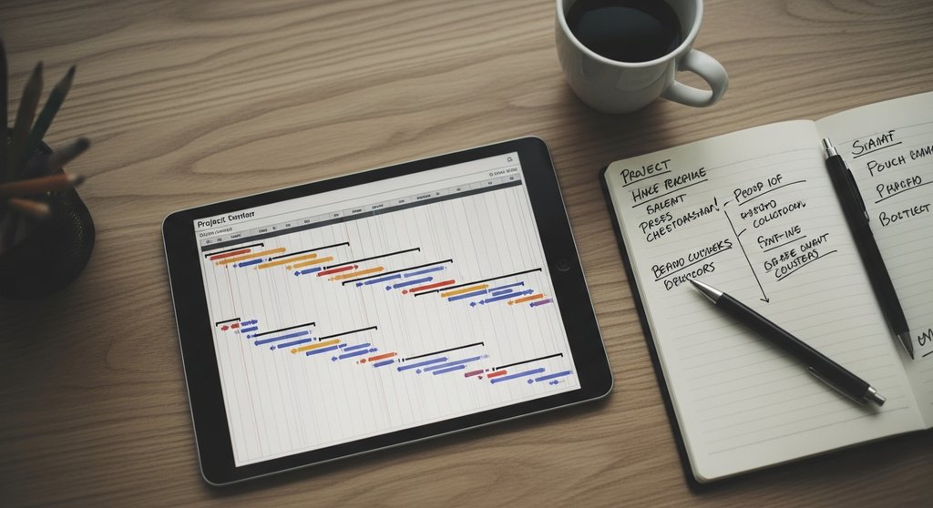 Alt-Text: Detaillierte Ansicht eines Gantt-Diagramms auf einem Tablet auf einem Schreibtisch. Top-down shot of a project manager's desk. On the desk is a tablet showing a complex Gantt chart, a notebook with handwritten notes and dependencies drawn, a cup of coffee, and a pen. The lighting is focused on the tablet. Muted tones, high resolution photography, DSLR shot with a 50mm lens, slight film grain.